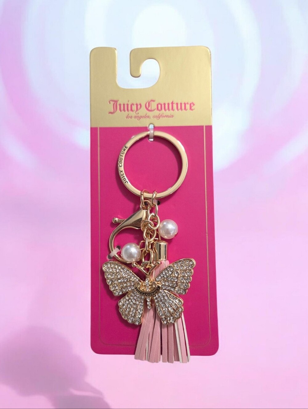 NWT-Juicy Couture Gold Crystal Butterfly Keychain with Pink Tassel